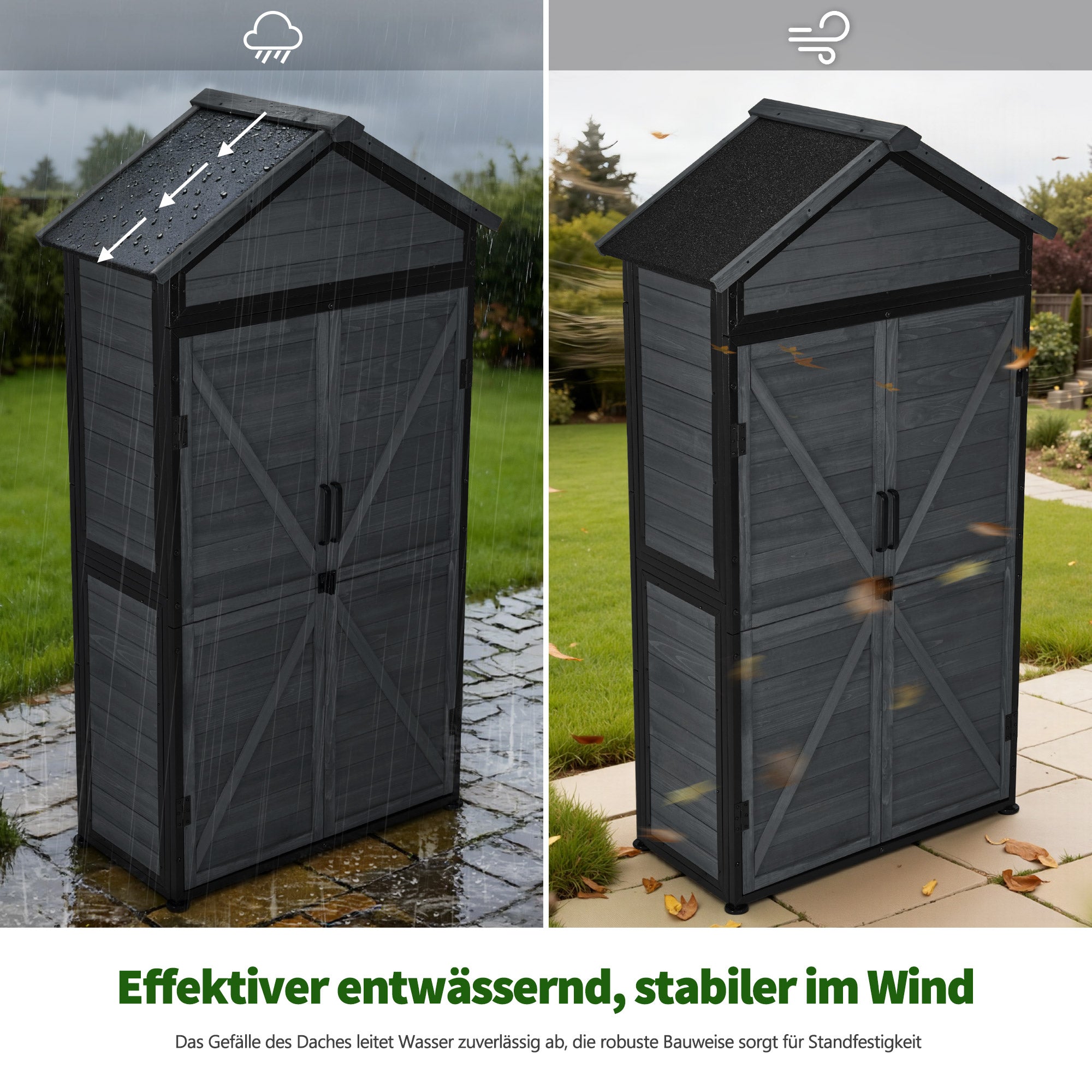 M MCombo Gartenschrank Gartenhaus Holz Metgallgestell Wetterfest, Gerätehaus Outdoor, für Außenbereich Garten Terrasse, Geräteschuppen mit 2 Bewegliche Regale, 45×90×165 cm, 2736