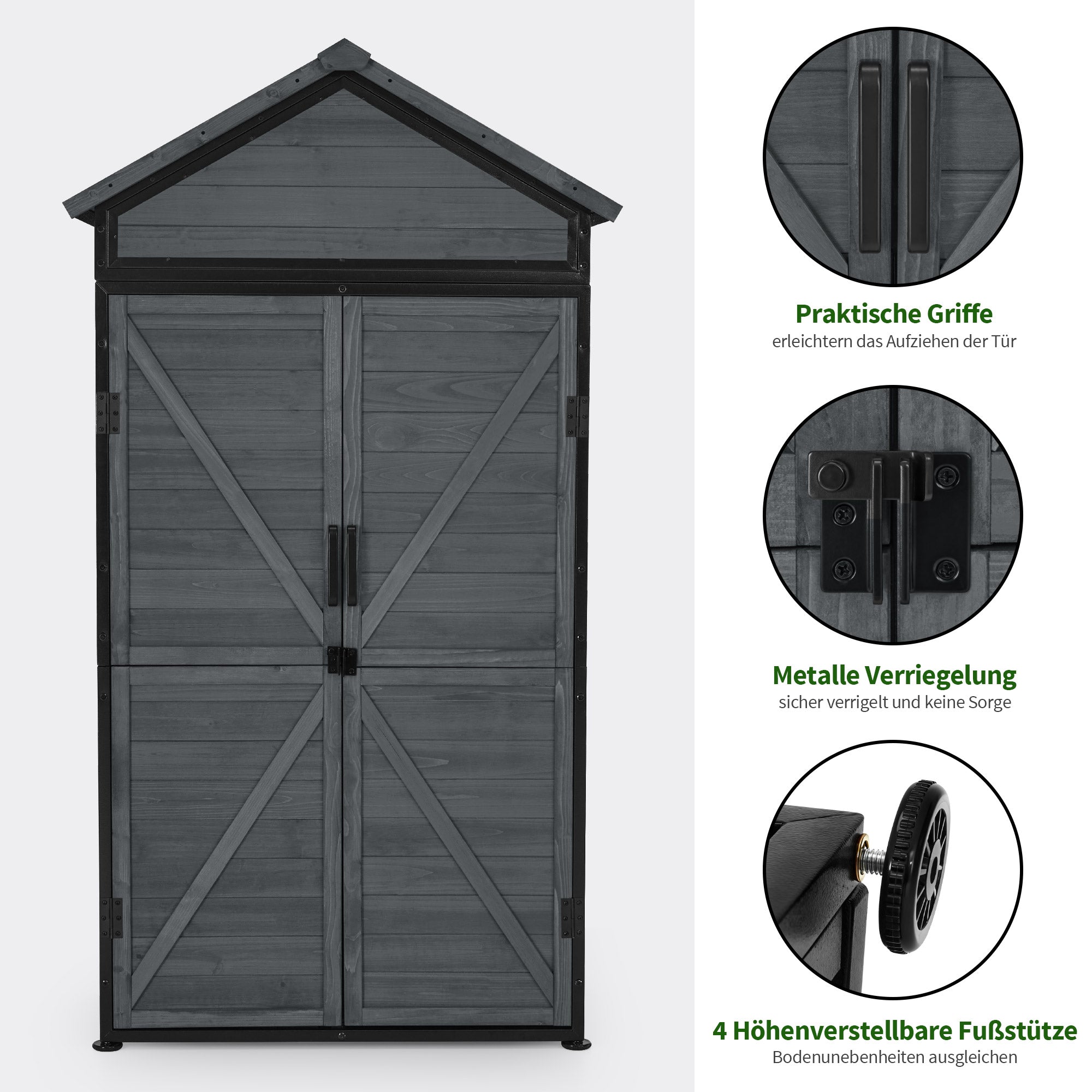 M MCombo Gartenschrank Gartenhaus Holz Metgallgestell Wetterfest, Gerätehaus Outdoor, für Außenbereich Garten Terrasse, Geräteschuppen mit 2 Bewegliche Regale, 45×90×165 cm, 2736