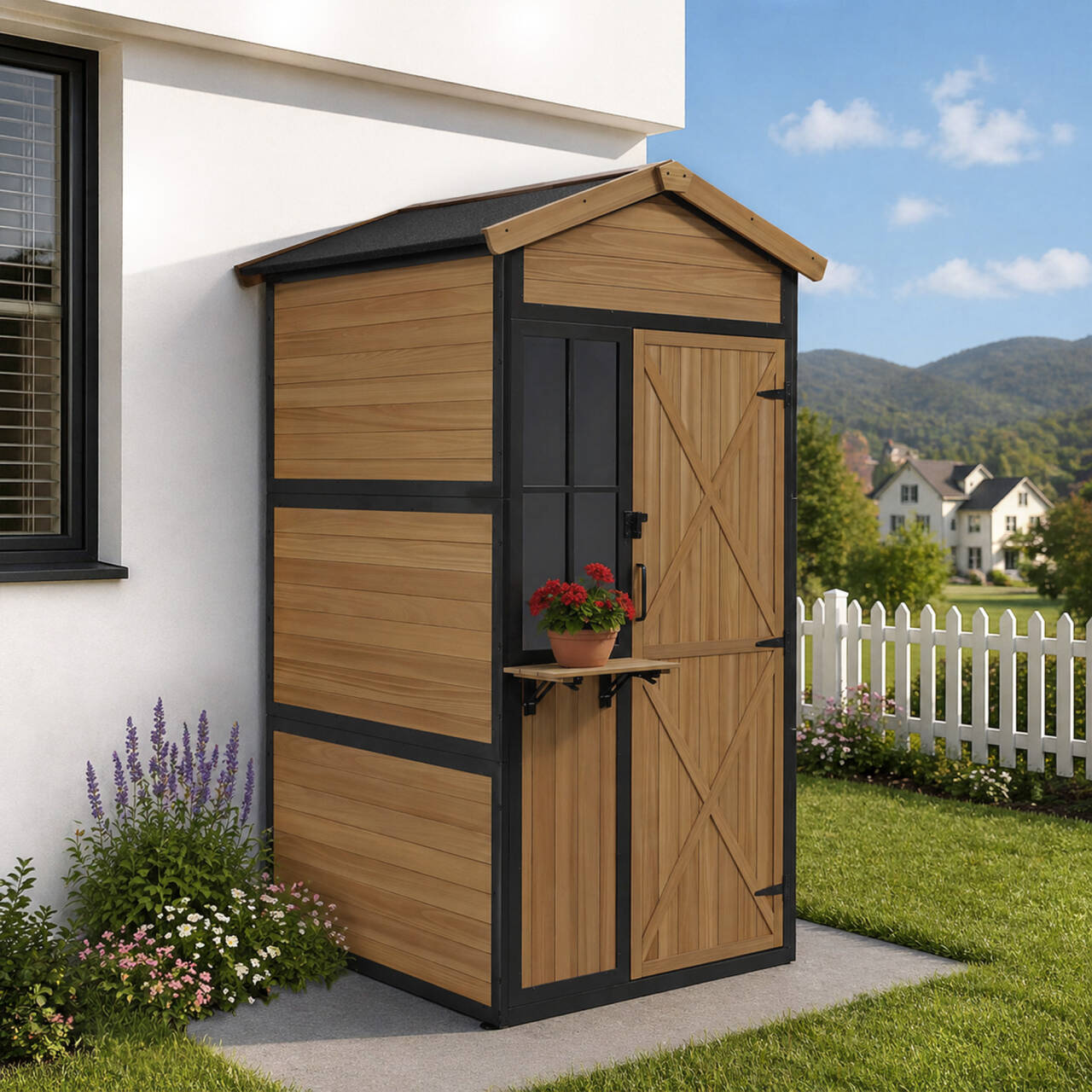 M MCombo Gartenschrank Holz Metgallgestell mit 3 Ablagen, Geräteschuppen Wetterfest, Gartenhaus Outdoor Wasserdicht, Aufbewahrungsschrank für Außenbereich, Garten & Terrasse, 2750 (Natur)