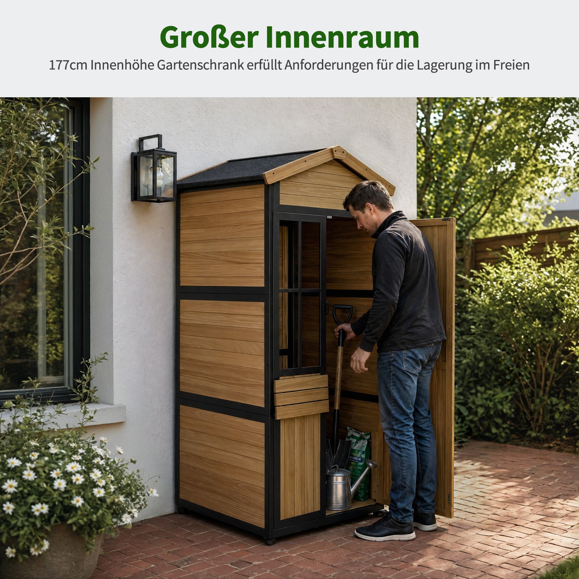 M MCombo Gartenschrank Holz Metgallgestell mit 3 Ablagen, Geräteschuppen Wetterfest, Gartenhaus Outdoor Wasserdicht, Aufbewahrungsschrank für Außenbereich, Garten & Terrasse, 2750 (Natur)