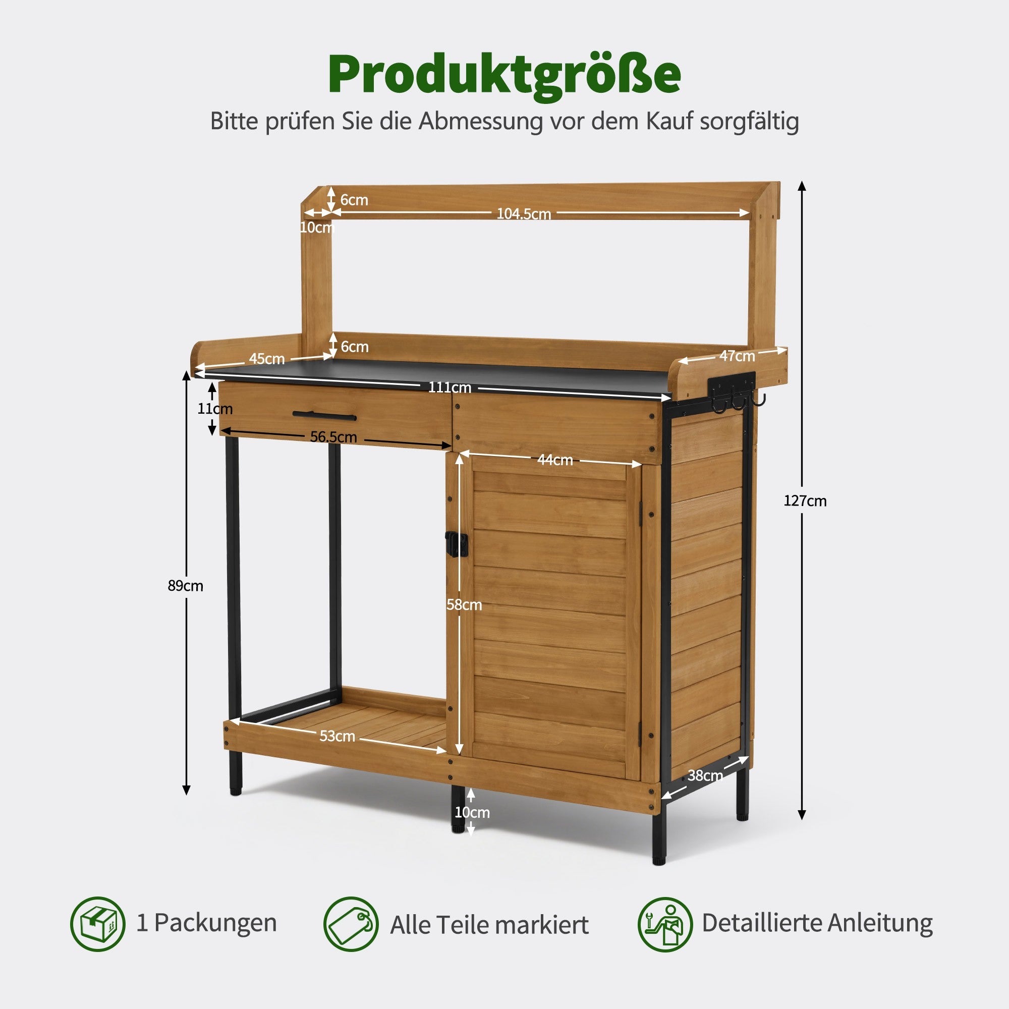 M MCombo Pflanztisch mit Schublade, Ablage, Verzinkter Arbeitsplatte & Schrank, Gärtnertisch Wetterfest mit 3 Haken, Blumentisch Massivholz für Garten, Balkon & Terrasse, 47 x 111 x 127 cm, 2049 (Natur)