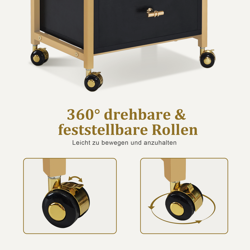 M MCombo Servierwagen mit Rollen & 3 Schubladen, Friseurwagen Rollwagen, Salon Trolley mit 2 Ablagen & Föhnhalter, Moderner Arbeitswagen für Bad Wohnzimmer, 30x40x95cm, 0022