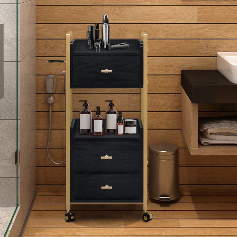 M MCombo Servierwagen mit Rollen & 3 Schubladen, Friseurwagen Rollwagen, Salon Trolley mit 2 Ablagen & Föhnhalter, Moderner Arbeitswagen für Bad Wohnzimmer, 30x40x95cm, 0022