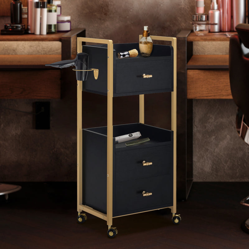 M MCombo Servierwagen mit Rollen & 3 Schubladen, Friseurwagen Rollwagen, Salon Trolley mit 2 Ablagen & Föhnhalter, Moderner Arbeitswagen für Bad Wohnzimmer, 30x40x95cm, 0022