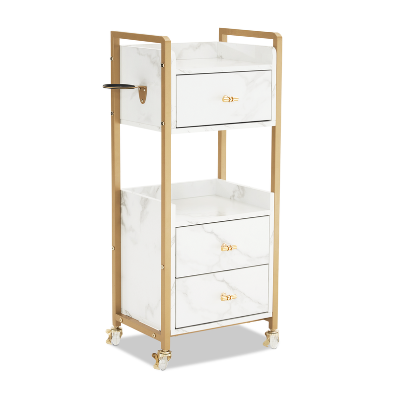M MCombo Servierwagen mit Rollen & 3 Schubladen, Friseurwagen Rollwagen, Salon Trolley mit 2 Ablagen & Föhnhalter, Moderner Arbeitswagen für Bad Wohnzimmer, 30x40x95cm, 0022