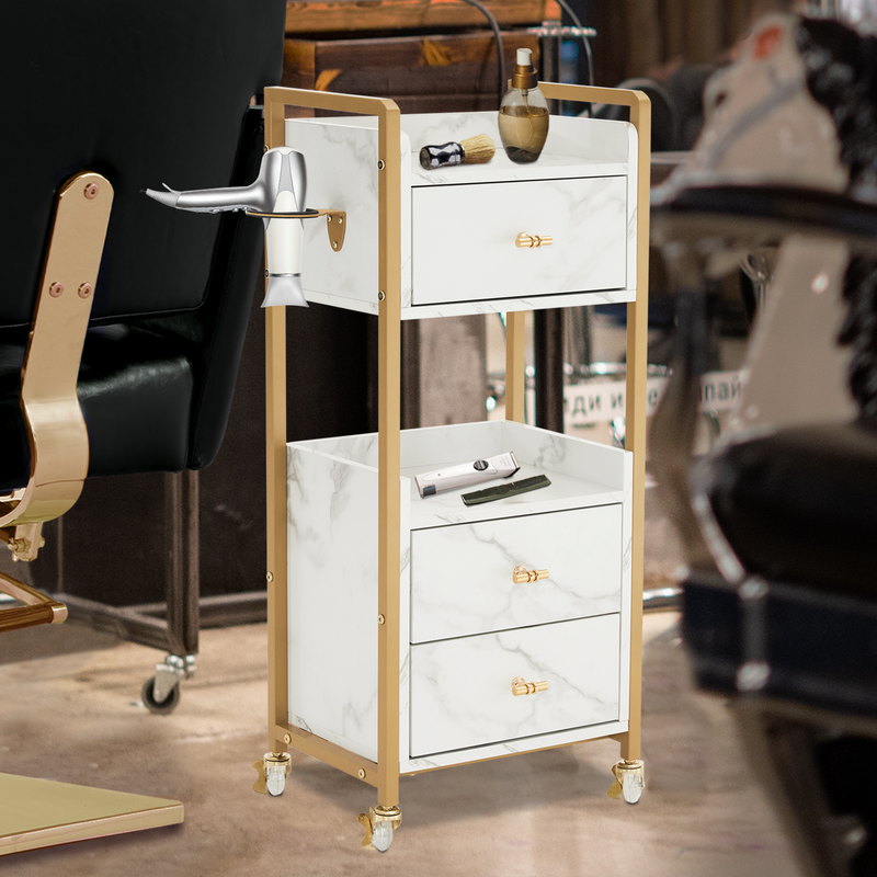 M MCombo Servierwagen mit Rollen & 3 Schubladen, Friseurwagen Rollwagen, Salon Trolley mit 2 Ablagen & Föhnhalter, Moderner Arbeitswagen für Bad Wohnzimmer, 30x40x95cm, 0022