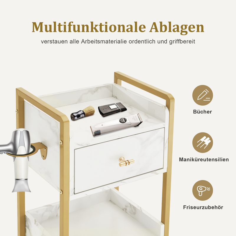 M MCombo Servierwagen mit Rollen & 3 Schubladen, Friseurwagen Rollwagen Weiß-Gold, Salon Trolley mit 2 Ablagen & Föhnhalter, Moderner Arbeitswagen für Bad Wohnzimmer, 30x40x95cm, 0022