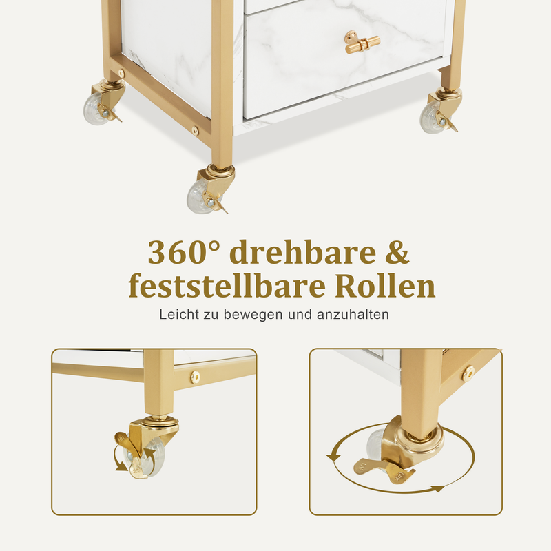 M MCombo Servierwagen mit Rollen & 3 Schubladen, Friseurwagen Rollwagen Weiß-Gold, Salon Trolley mit 2 Ablagen & Föhnhalter, Moderner Arbeitswagen für Bad Wohnzimmer, 30x40x95cm, 0022