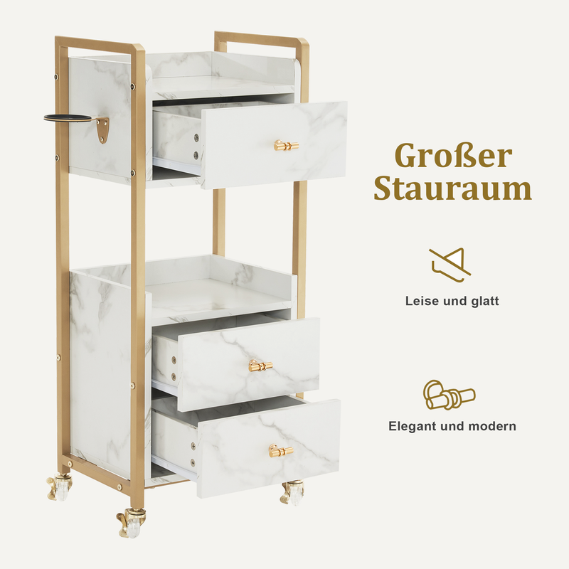 M MCombo Servierwagen mit Rollen & 3 Schubladen, Friseurwagen Rollwagen Weiß-Gold, Salon Trolley mit 2 Ablagen & Föhnhalter, Moderner Arbeitswagen für Bad Wohnzimmer, 30x40x95cm, 0022