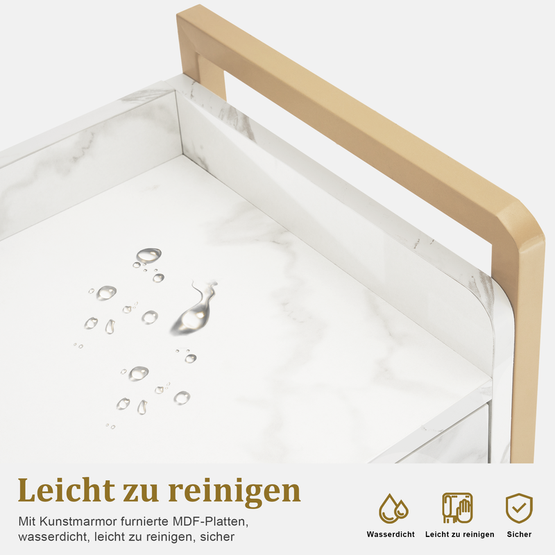 M MCombo Servierwagen mit Rollen & 3 Schubladen, Friseurwagen Rollwagen Weiß-Gold, Salon Trolley mit 2 Ablagen & Föhnhalter, Moderner Arbeitswagen für Bad Wohnzimmer, 30x40x95cm, 0022