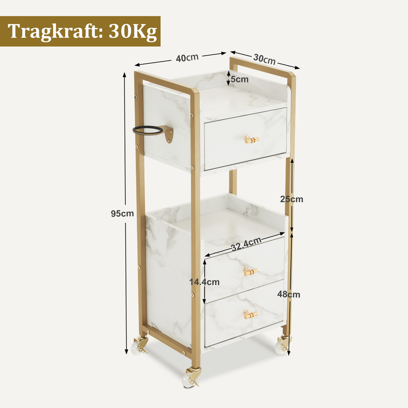 M MCombo Servierwagen mit Rollen & 3 Schubladen, Friseurwagen Rollwagen Weiß-Gold, Salon Trolley mit 2 Ablagen & Föhnhalter, Moderner Arbeitswagen für Bad Wohnzimmer, 30x40x95cm, 0022