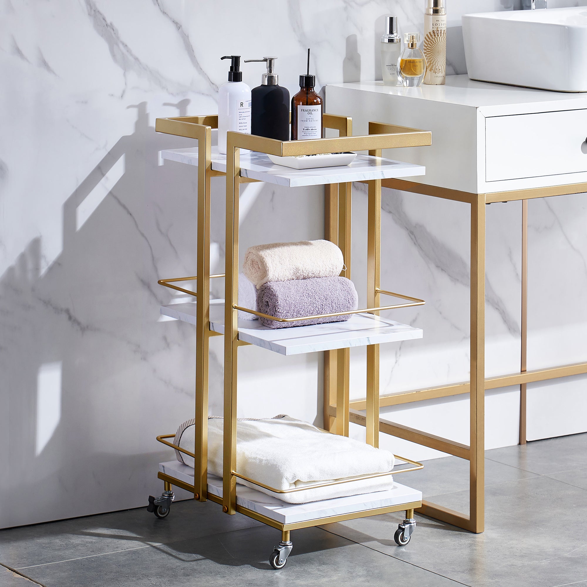 M MCombo Serving Cart with Wheels, Kitchen Cart Bar Cart Metal Frame, Modern Rolling Cart Multi-Purpose Cart with 3 Levels, for Kitchen Bathroom Living Room Office, 33*43*75cm, 0033 
