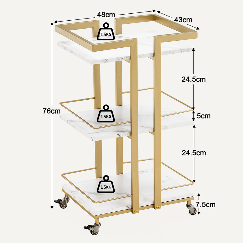 M MCombo Servierwagen mit Rollen, Küchenwagen Barwagen Metallgestell Weiß-Gold, Moderne Rollwagen Mehrzweckwagen mit 3 Ebenen, für Küche Bad Wohnzimmer Büro, 48*43*76cm, 0033