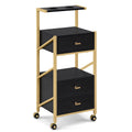 M MCombo Friseurwagen mit Rollen & 3 Schubladen, Rollwagen Servierwagen Weiß-Gold, Salon Trolley mit 2 Ablagen & 2 Föhnhalter, Moderner Arbeitswagen für Bad Wohnzimmer, 30x40x97cm, 0048