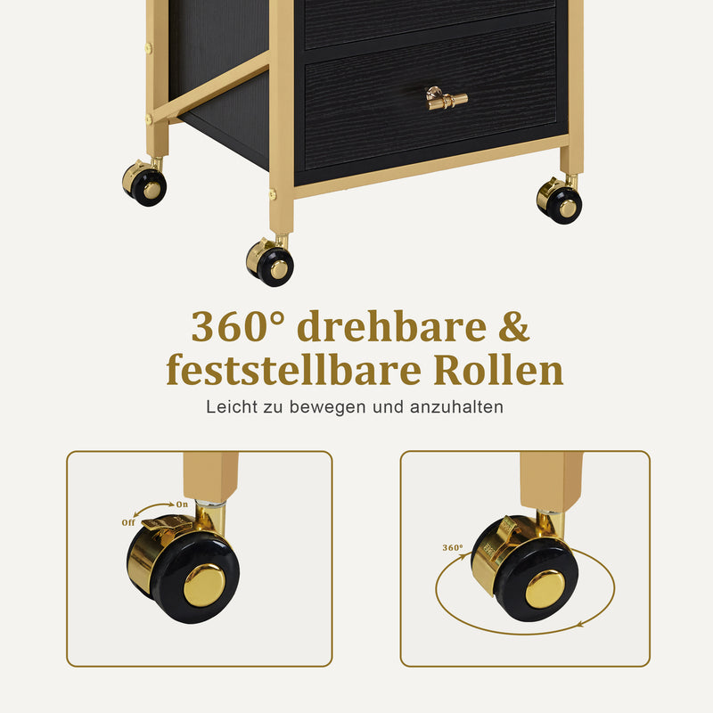 M MCombo Friseurwagen mit Rollen & 3 Schubladen, Rollwagen Servierwagen Weiß-Gold, Salon Trolley mit 2 Ablagen & 2 Föhnhalter, Moderner Arbeitswagen für Bad Wohnzimmer, 30x40x97cm, 0048