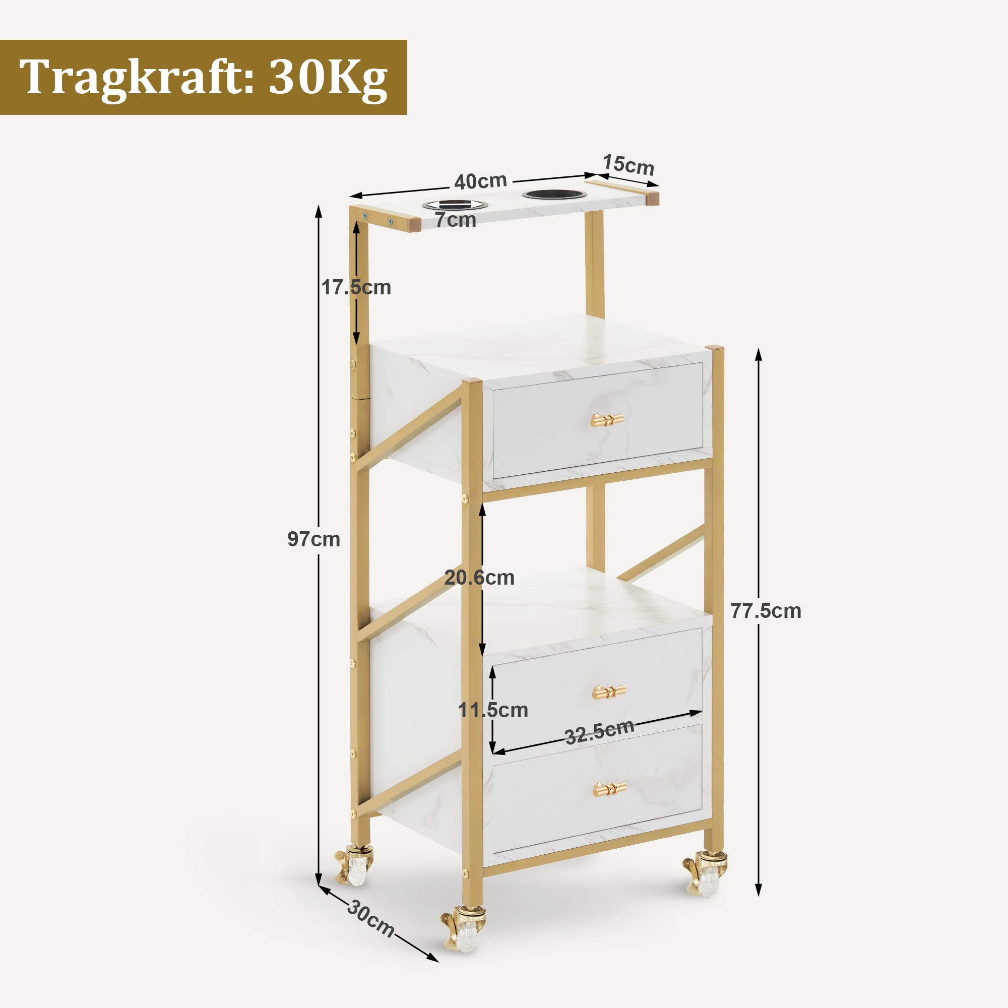 M MCombo Hairdressing Cart with Wheels &amp; 3 Drawers, Rolling Serving Cart White-Gold, Salon Trolley with 2 Shelves &amp; 2 Hairdryer Holders, Modern Work Cart for Bathroom Living Room, 30x40x97cm, 0048
