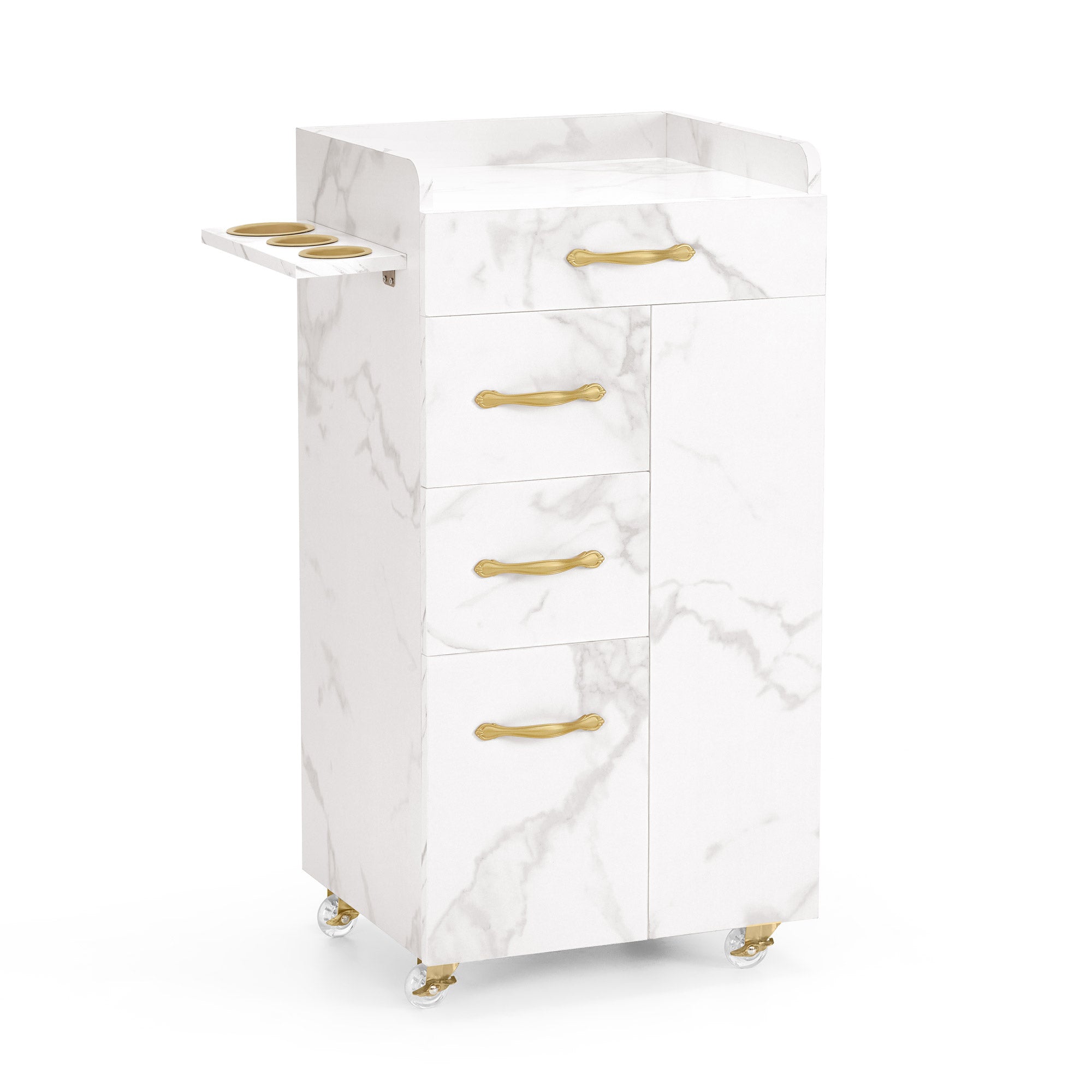 M MCombo Beauty Salon Trolley mit 3 Schubladen & 2 Schränken,  mit 3 Föhnhaltern, Rollwagen Servierwagen für Schönheitssalon, Friseur Arbeitswagen, 39x58x90cm, 0065 (Weiß-Gold)
