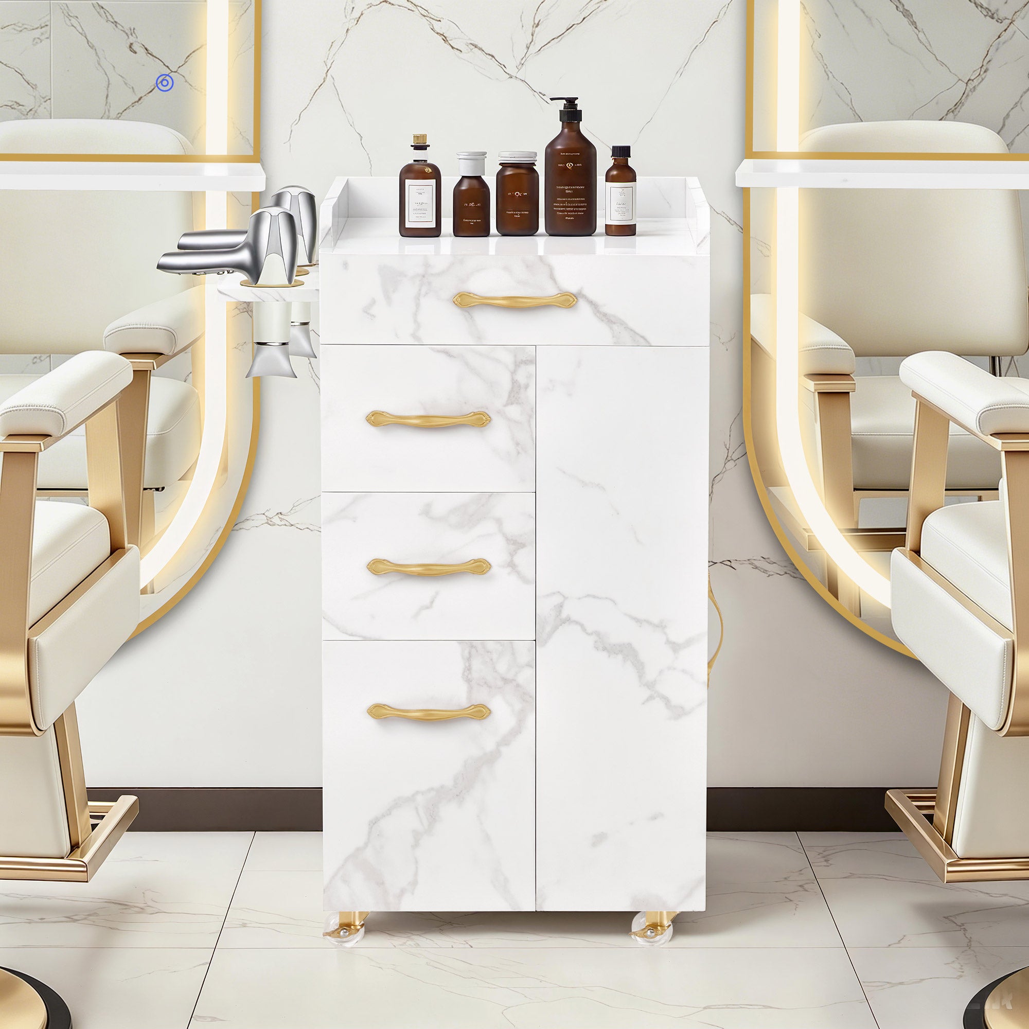 M MCombo Beauty Salon Trolley mit 3 Schubladen & 2 Schränken,  mit 3 Föhnhaltern, Rollwagen Servierwagen für Schönheitssalon, Friseur Arbeitswagen, 39x58x90cm, 0065 (Weiß-Gold)