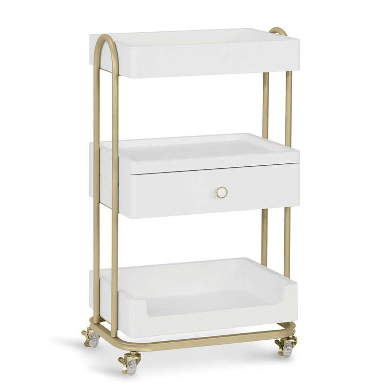 M MCombo Servierwagen mit Rollen & Schublade, Rollwagen Friseurwagen Weiß-Gold, Salon Trolley mit 3 Ablagen, Moderner Arbeitswagen für Bad Wohnzimmer, 37x51x87cm, 0093