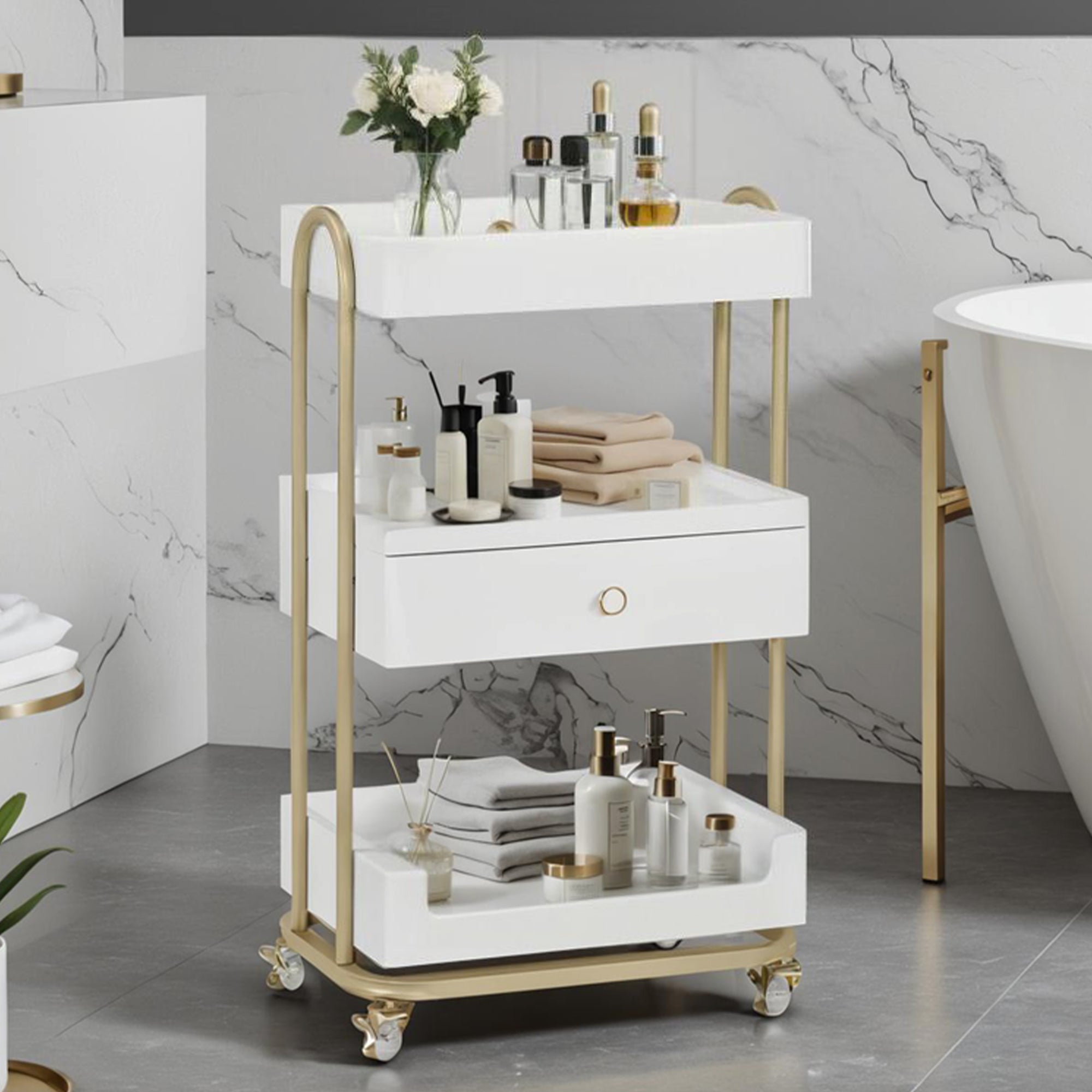 M MCombo Serving Cart with Wheels &amp; Drawer, Hairdressing Trolley White-Gold, Salon Trolley with 3 Shelves, Modern Work Cart for Bathroom Living Room, 37x51x87cm, 0093