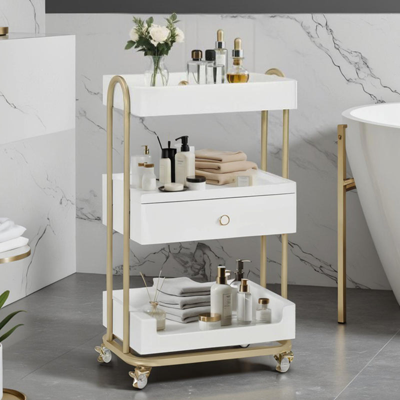 M MCombo Servierwagen mit Rollen & Schublade, Rollwagen Friseurwagen Weiß-Gold, Salon Trolley mit 3 Ablagen, Moderner Arbeitswagen für Bad Wohnzimmer, 37x51x87cm, 0093