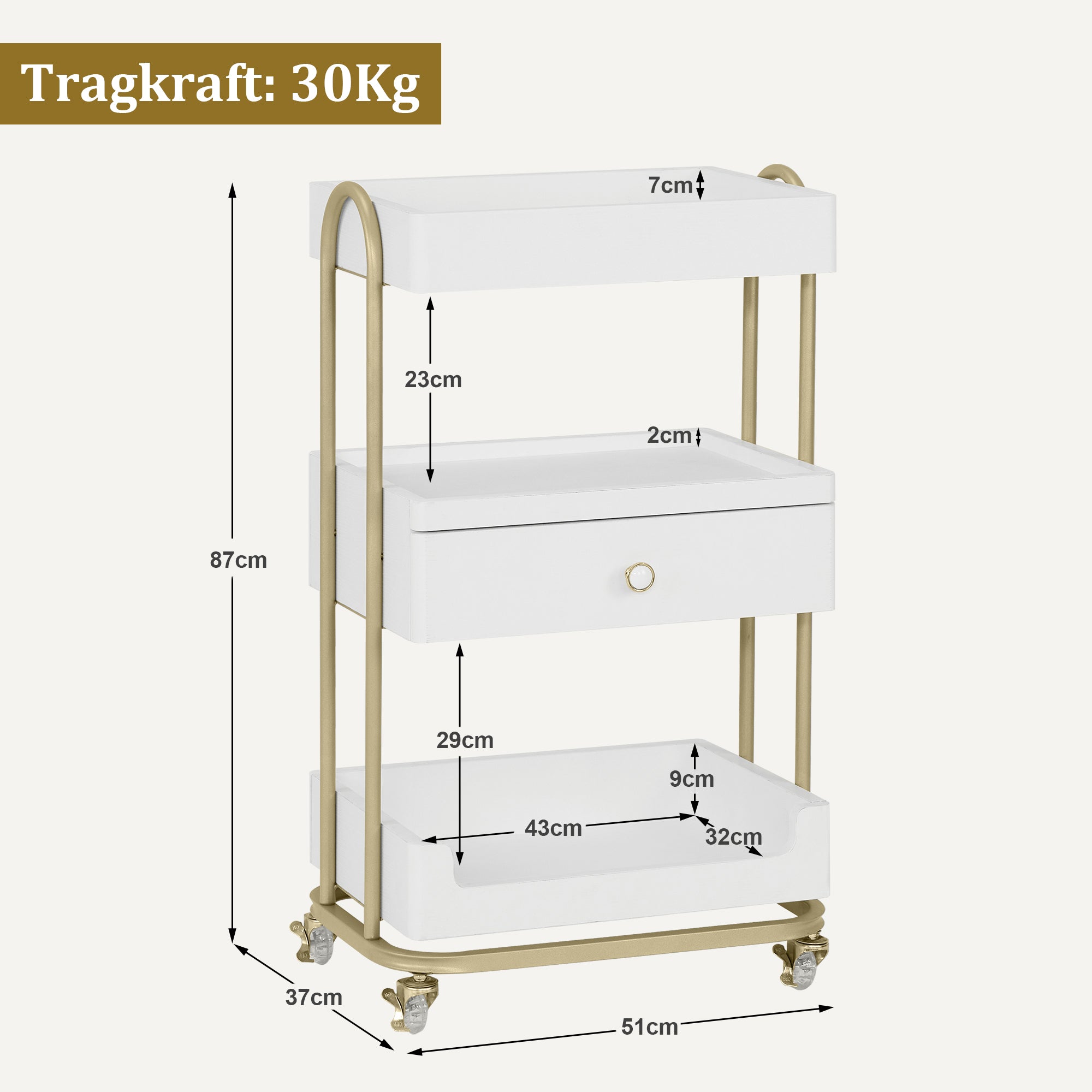 M MCombo Serving Cart with Wheels &amp; Drawer, Hairdressing Trolley White-Gold, Salon Trolley with 3 Shelves, Modern Work Cart for Bathroom Living Room, 37x51x87cm, 0093