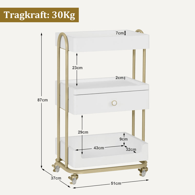 M MCombo Servierwagen mit Rollen & Schublade, Rollwagen Friseurwagen Weiß-Gold, Salon Trolley mit 3 Ablagen, Moderner Arbeitswagen für Bad Wohnzimmer, 37x51x87cm, 0093