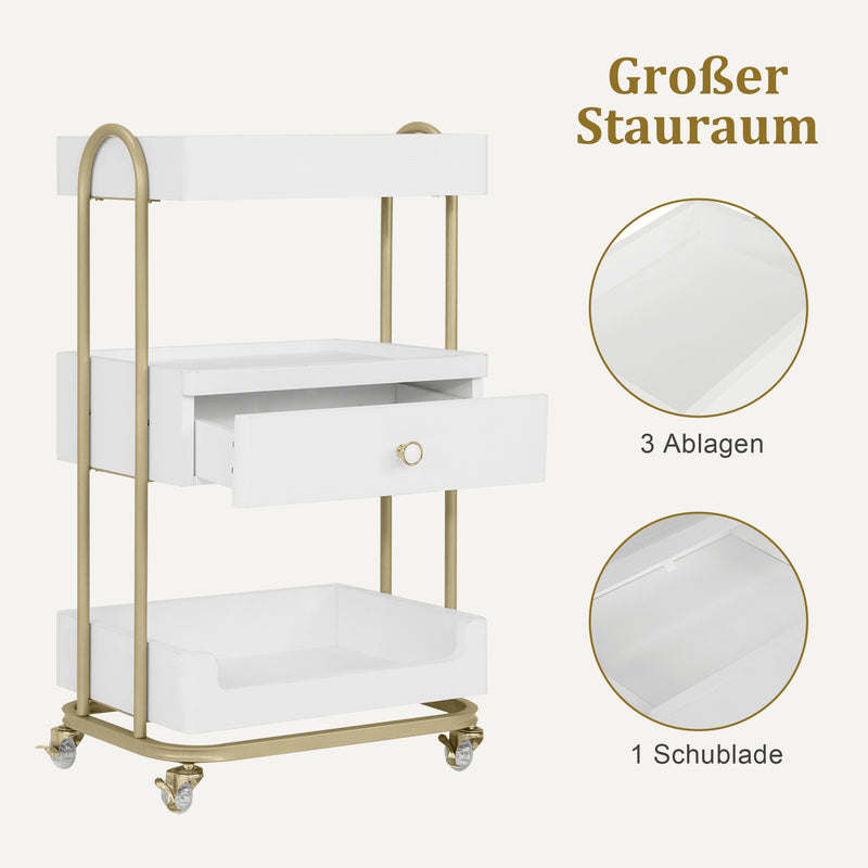 M MCombo Servierwagen mit Rollen & Schublade, Rollwagen Friseurwagen Weiß-Gold, Salon Trolley mit 3 Ablagen, Moderner Arbeitswagen für Bad Wohnzimmer, 37x51x87cm, 0093