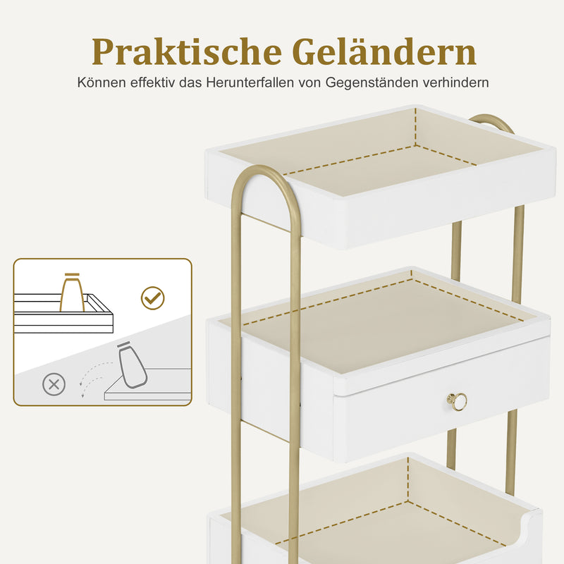 M MCombo Servierwagen mit Rollen & Schublade, Rollwagen Friseurwagen Weiß-Gold, Salon Trolley mit 3 Ablagen, Moderner Arbeitswagen für Bad Wohnzimmer, 37x51x87cm, 0093