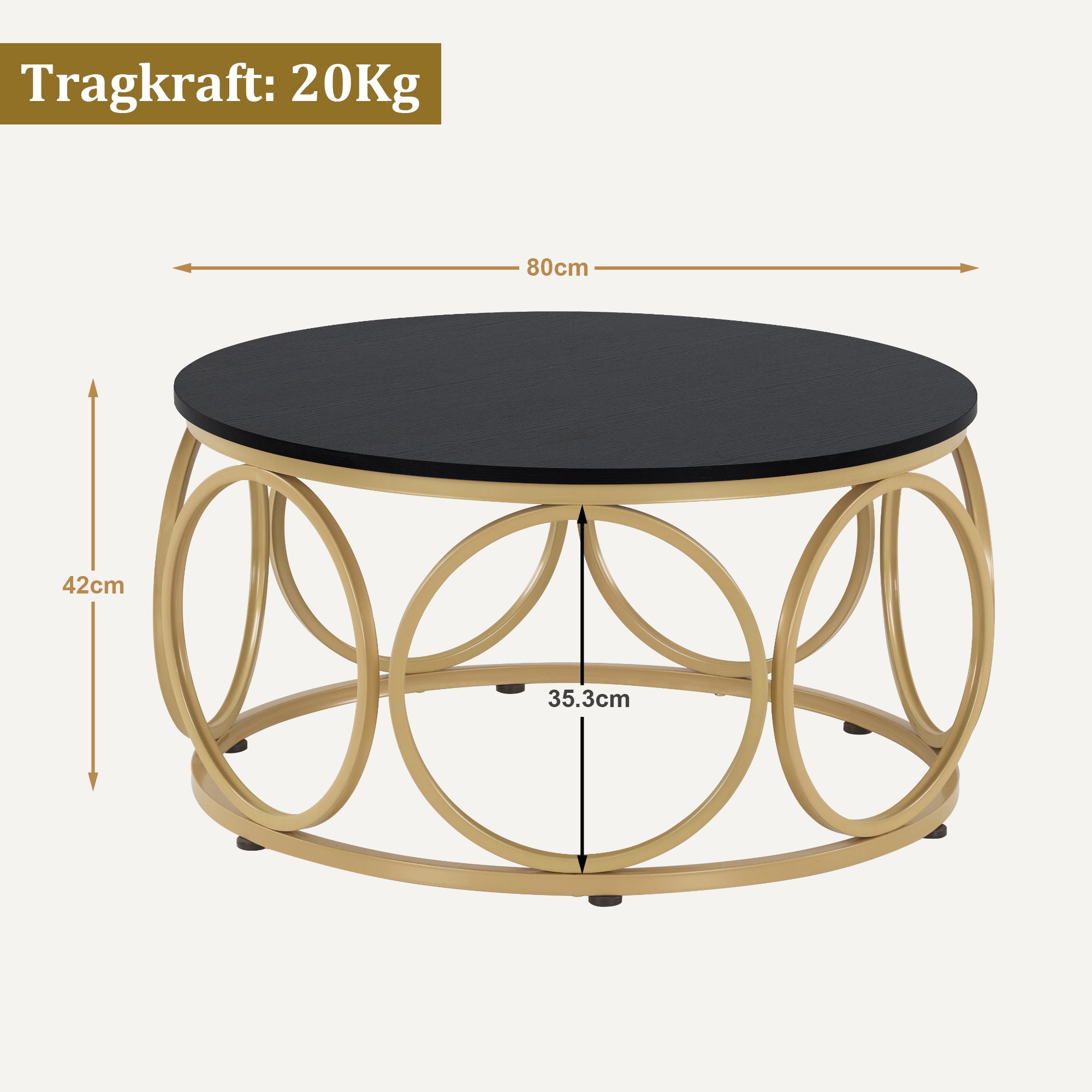 M MCombo Couchtisch Rund Holz, Modern Sofatisch Marmor Weiß Gold, Klein Kaffeetisch Metallgestell, Beistelltisch für Wohnzimmer, Durchmesser 80cm, 2102