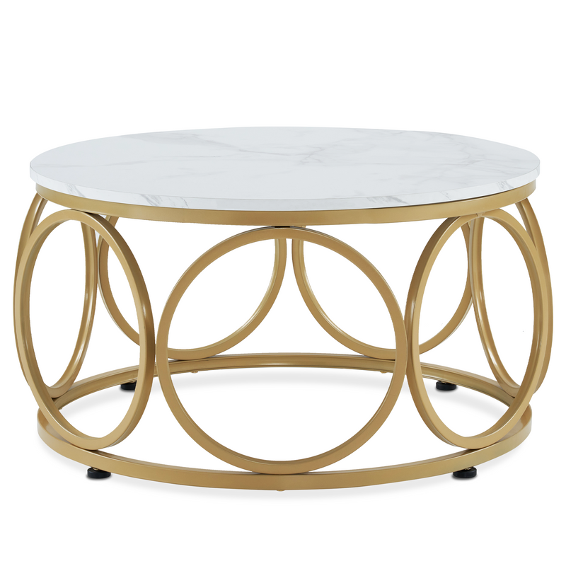 M MCombo Couchtisch Rund Holz, Modern Sofatisch Marmor Weiß Gold, Klein Kaffeetisch Metallgestell, Beistelltisch für Wohnzimmer, Durchmesser 80cm, 2102