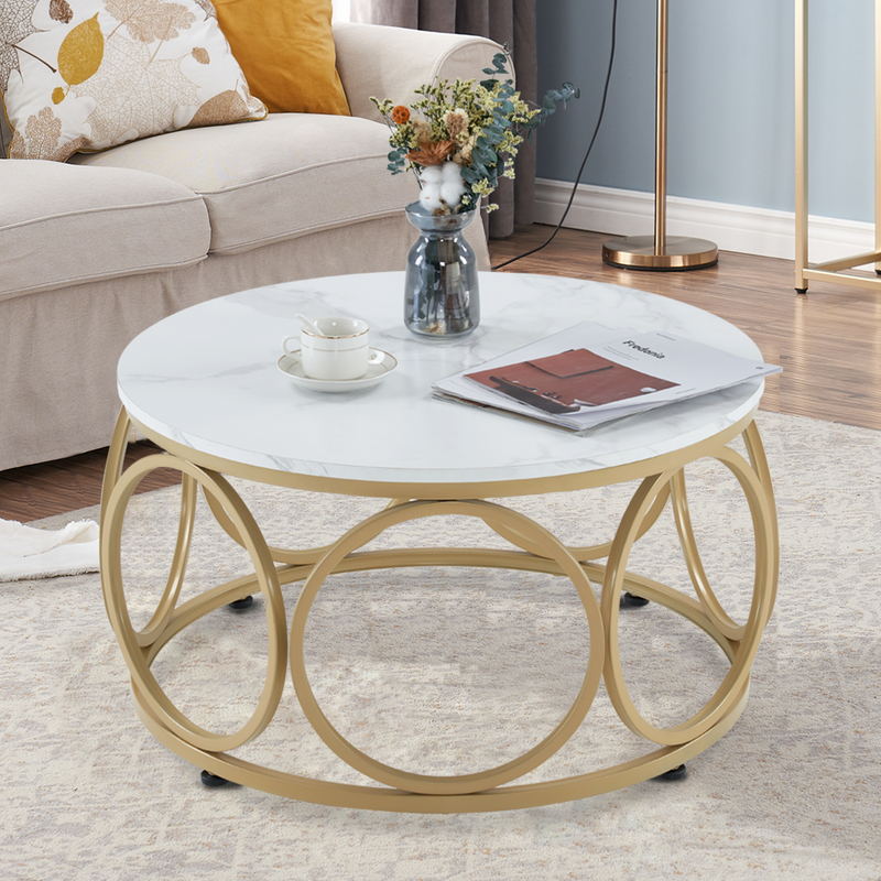 M MCombo Couchtisch Rund Holz, Modern Sofatisch Marmor Weiß Gold, Klein Kaffeetisch Metallgestell, Beistelltisch für Wohnzimmer, Durchmesser 80cm, 2102