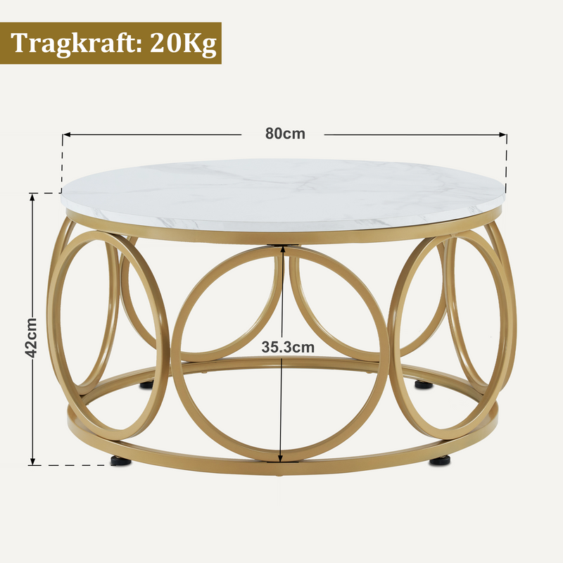 M MCombo Couchtisch Rund Holz, Modern Sofatisch Marmor Weiß Gold, Klein Kaffeetisch Metallgestell, Beistelltisch für Wohnzimmer, Durchmesser 80cm, 2102