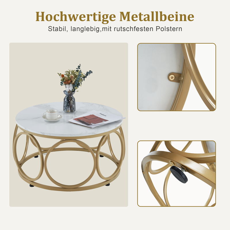 M MCombo Couchtisch Rund Holz, Modern Sofatisch Marmor Weiß Gold, Klein Kaffeetisch Metallgestell, Beistelltisch für Wohnzimmer, Durchmesser 80cm, 2102