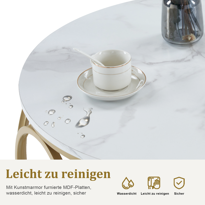 M MCombo Couchtisch Rund Holz, Modern Sofatisch Marmor Weiß Gold, Klein Kaffeetisch Metallgestell, Beistelltisch für Wohnzimmer, Durchmesser 80cm, 2102