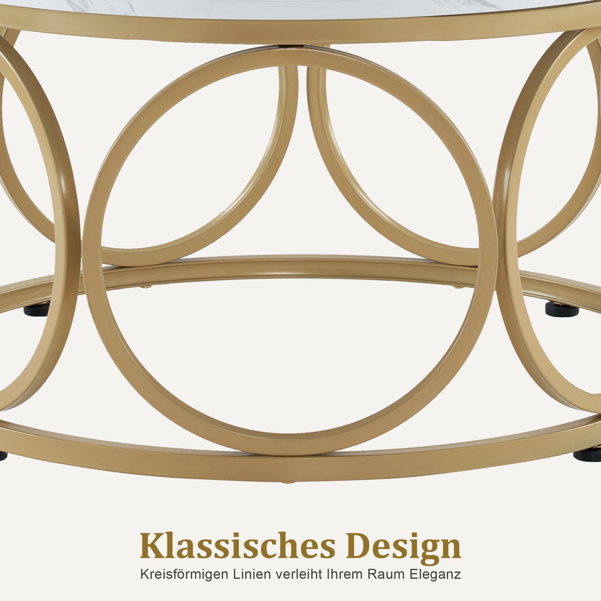 M MCombo Couchtisch Rund Holz, Modern Sofatisch Marmor Weiß Gold, Klein Kaffeetisch Metallgestell, Beistelltisch für Wohnzimmer, Durchmesser 80cm, 2102