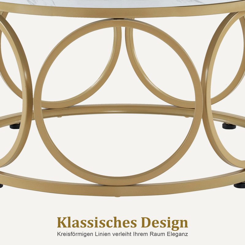 M MCombo Couchtisch Rund Holz, Modern Sofatisch Marmor Weiß Gold, Klein Kaffeetisch Metallgestell, Beistelltisch für Wohnzimmer, Durchmesser 80cm, 2102