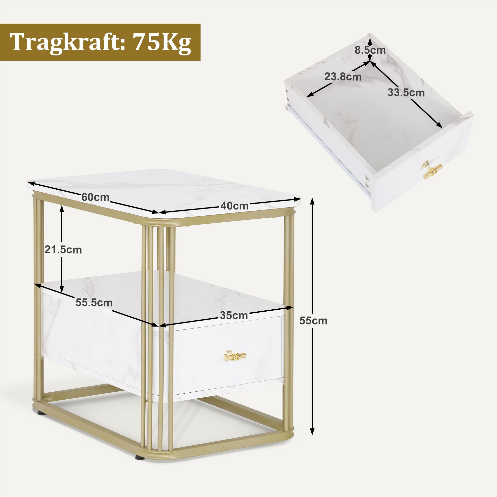 M MCombo Side Table with Drawer, Modern Sofa Table Marble White Gold, Small Coffee Table Metal Frame, Bedside Table with 2 Shelves, Coffee Table for Living Room, 60x40x55, 2138