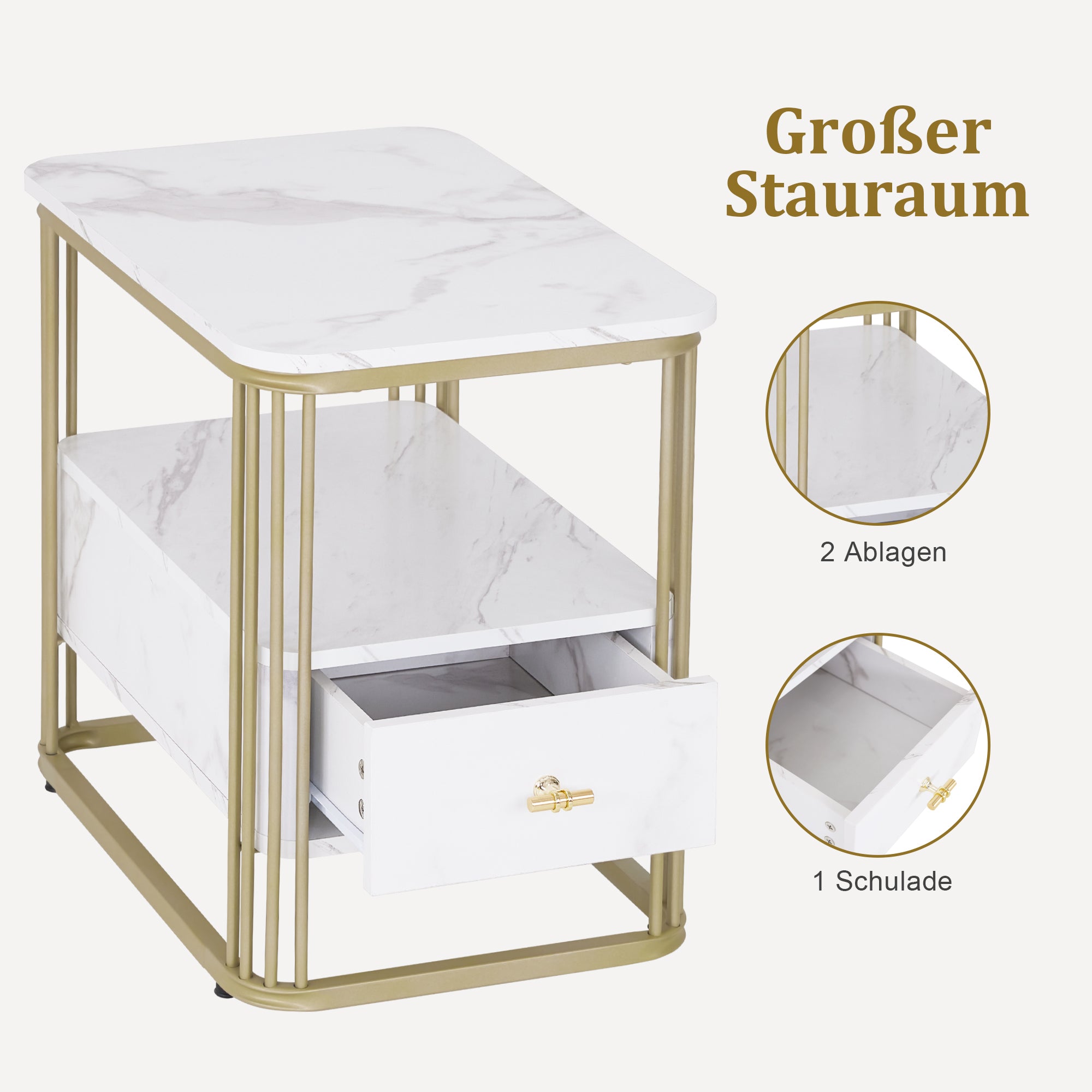 M MCombo Side Table with Drawer, Modern Sofa Table Marble White Gold, Small Coffee Table Metal Frame, Bedside Table with 2 Shelves, Coffee Table for Living Room, 60x40x55, 2138