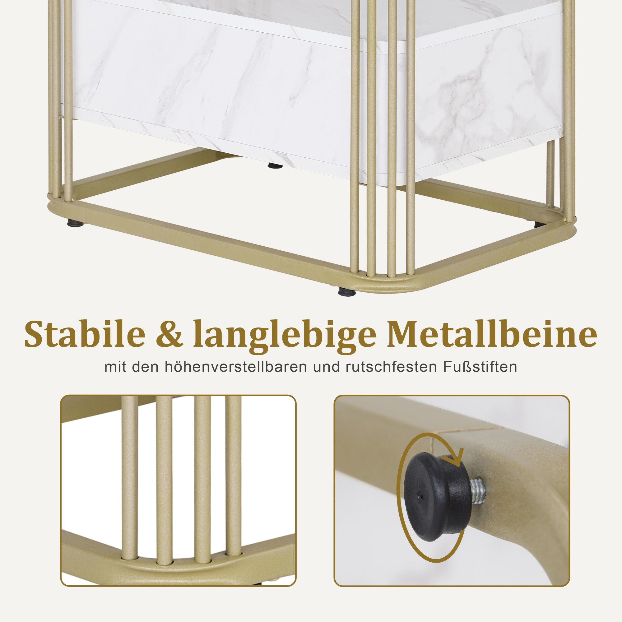 M MCombo Side Table with Drawer, Modern Sofa Table Marble White Gold, Small Coffee Table Metal Frame, Bedside Table with 2 Shelves, Coffee Table for Living Room, 60x40x55, 2138