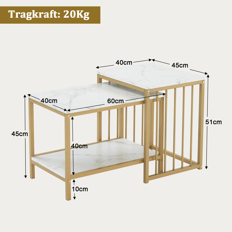 M MCombo Couchtisch 2er Set, Satztische Marmor-Weiß Gold, Wohnzimmertische Set aus Holz & Metall, Kleine Sofatische Kaffeetische Modern, 60*40*45 & 45*40*51cm, 2189