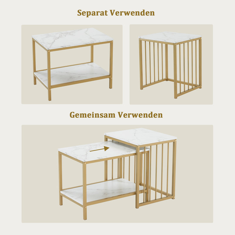 M MCombo Couchtisch 2er Set, Satztische Marmor-Weiß Gold, Wohnzimmertische Set aus Holz & Metall, Kleine Sofatische Kaffeetische Modern, 60*40*45 & 45*40*51cm, 2189