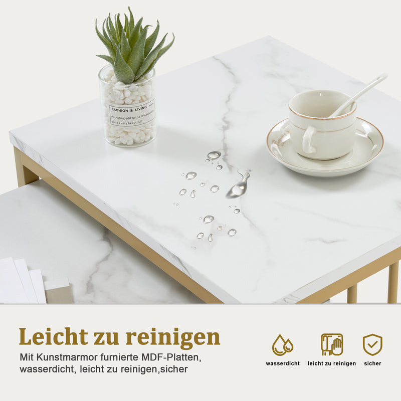 M MCombo Couchtisch 2er Set, Satztische Marmor-Weiß Gold, Wohnzimmertische Set aus Holz & Metall, Kleine Sofatische Kaffeetische Modern, 60*40*45 & 45*40*51cm, 2189