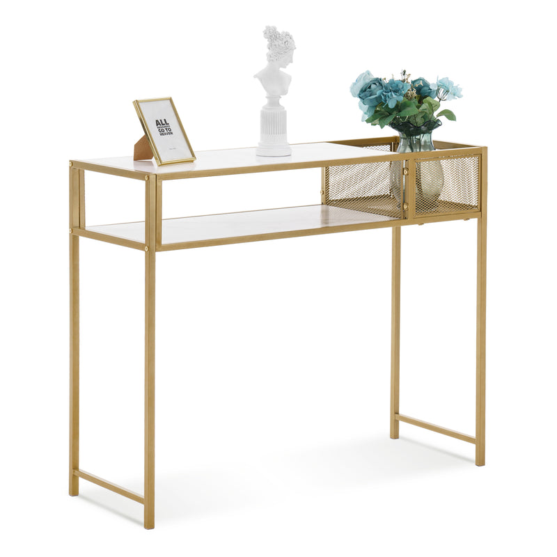 M MCombo Konsolentisch Schmal Marmor Gold, Modern Beistelltisch mit 2 Ablage & Metallgestell, Eingangstisch für Flur Wohnzimmer Schlafzimmer, 110×40×90cm, 2276