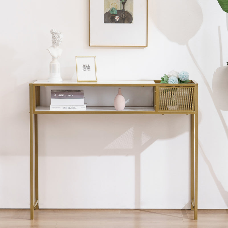 M MCombo Konsolentisch Schmal Marmor Gold, Modern Beistelltisch mit 2 Ablage & Metallgestell, Eingangstisch für Flur Wohnzimmer Schlafzimmer, 110×40×90cm, 2276