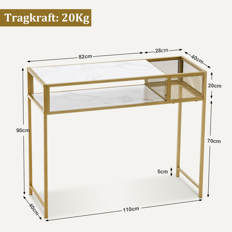 M MCombo Konsolentisch Schmal Marmor Gold, Modern Beistelltisch mit 2 Ablage & Metallgestell, Eingangstisch für Flur Wohnzimmer Schlafzimmer, 110×40×90cm, 2276