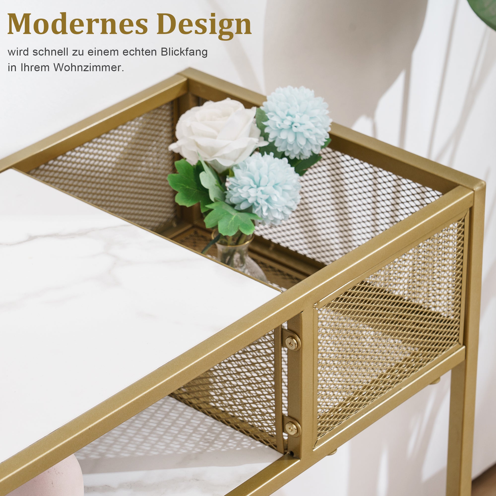 M MCombo Console Table Slim Marble Gold, Modern Side Table with 2 Shelves &amp; Metal Frame, Entrance Table for Hallway Living Room Bedroom, 110×40×90cm, 2276 