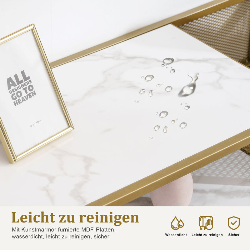 M MCombo Konsolentisch Schmal Marmor Gold, Modern Beistelltisch mit 2 Ablage & Metallgestell, Eingangstisch für Flur Wohnzimmer Schlafzimmer, 110×40×90cm, 2276