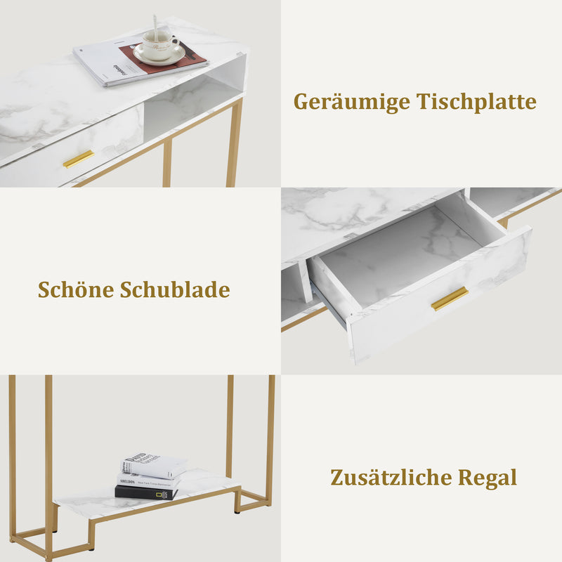 M MCombo Konsolentisch Schmal mit Schubladen, Modern Beistelltisch Marmor Gold Metallgestell, Eingangstisch für Flur Wohnzimmer Schlafzimmer, 120×30×92cm, 2281