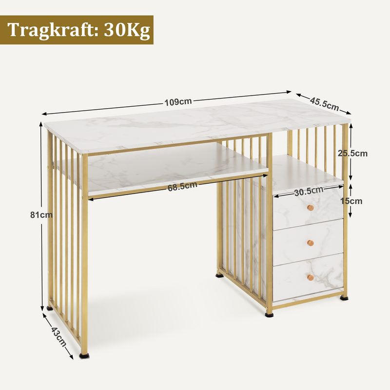 M MCombo Schreibtisch mit Schubladen, Schminktisch ohne Spiegel, Nageltisch aus Holz Metallgestell, Computertisch Wohnzimmer Modern, 109 x 45,5 x 81cm, 2407